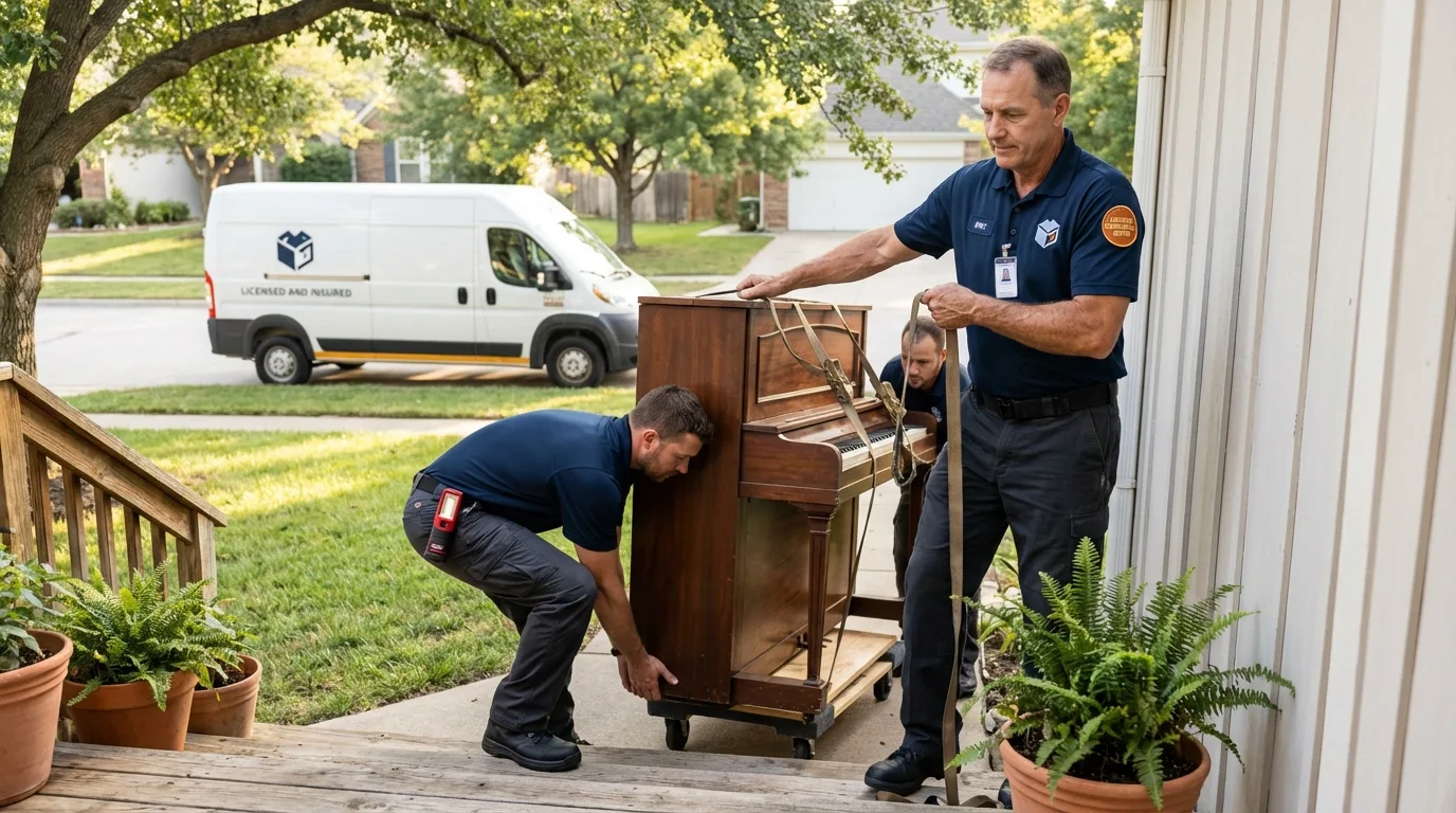 Licensed piano movers securing grand piano in Manhattan, IL