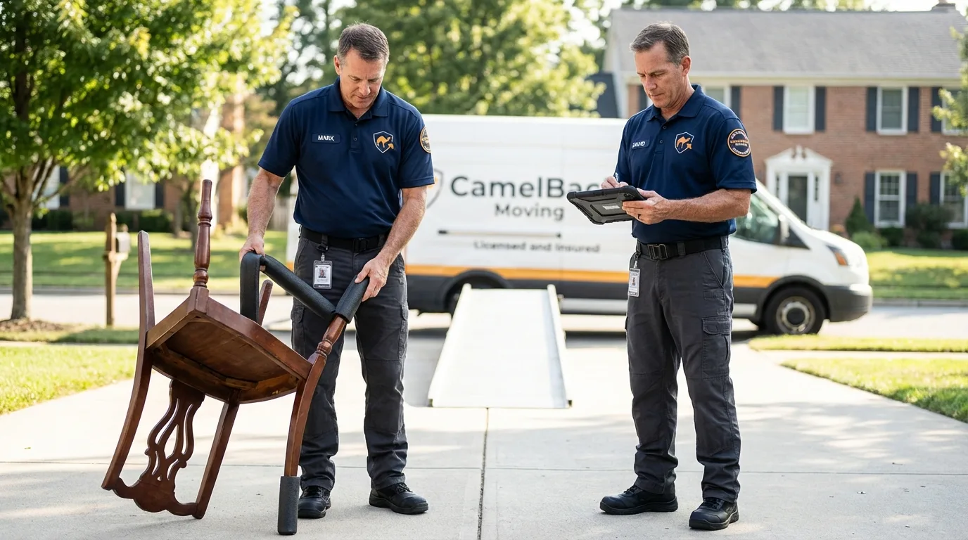 Movers inspecting furniture for damage prevention before loading in Manhattan, IL